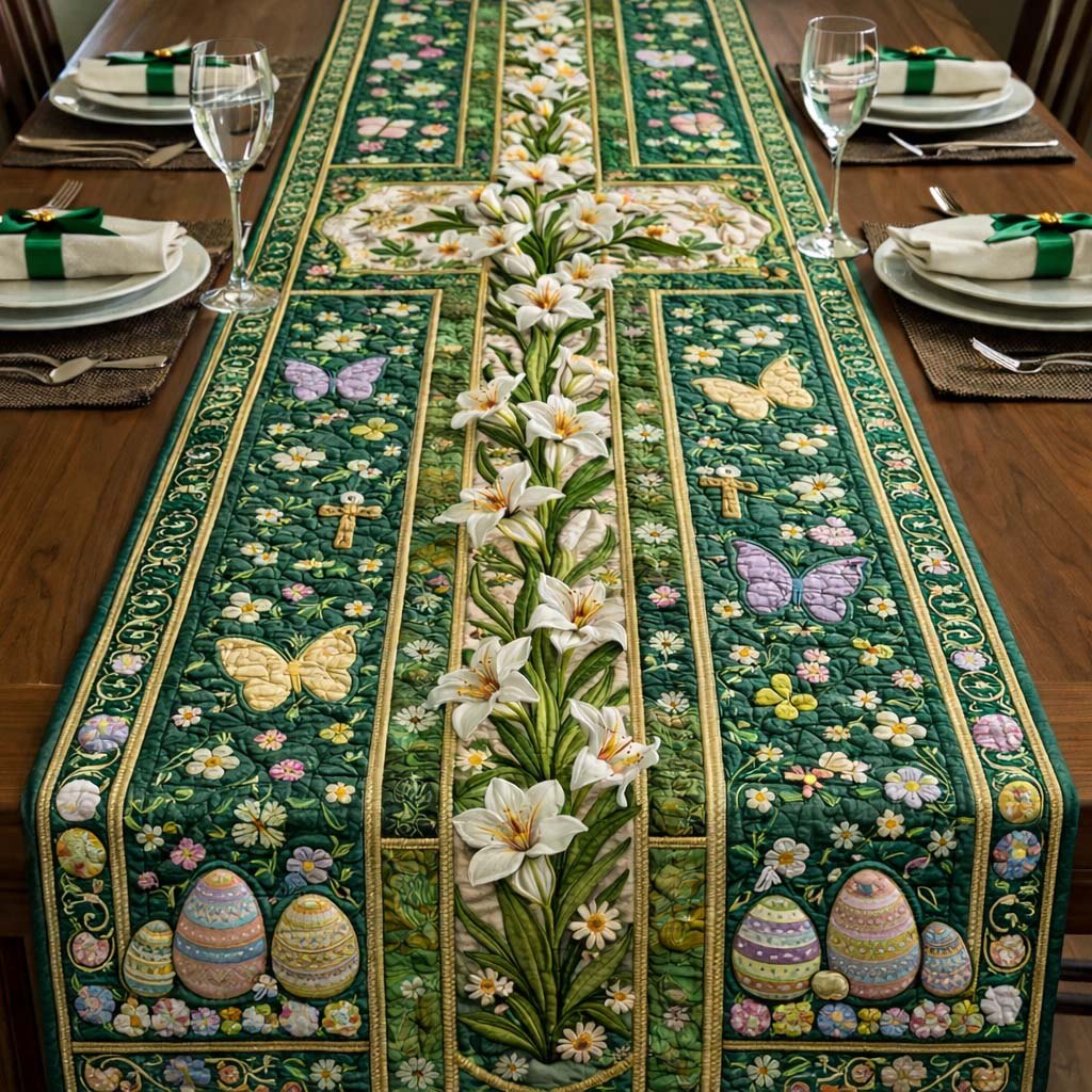 Lilies and Butterflies on Dark Green Table Runner