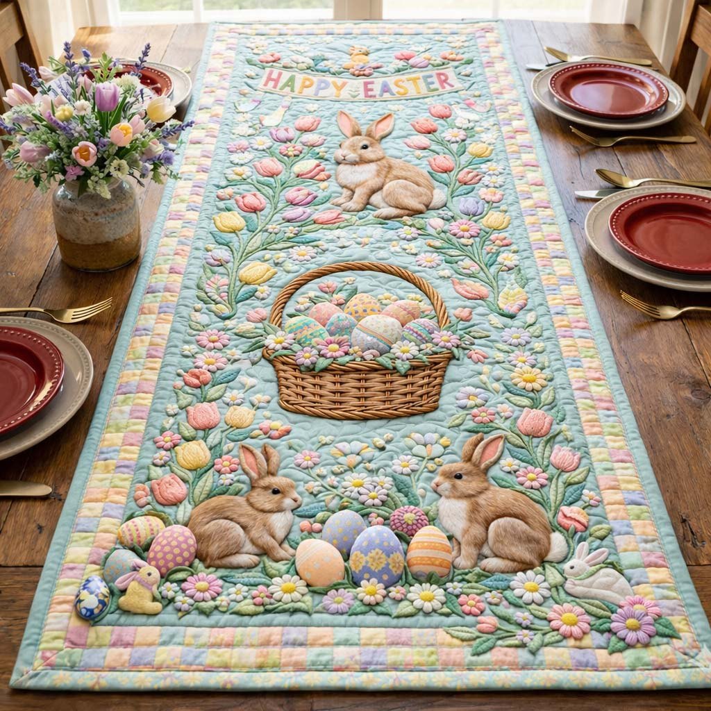Egg Basket with Bunnies on Aqua Table Runner