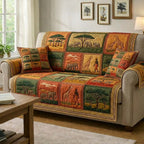 Safari Animals in Earth Tone Blocks Sofa Cover