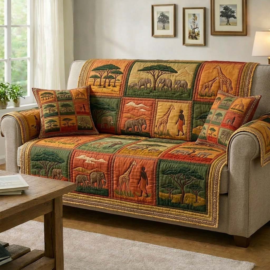 Safari Animals in Earth Tone Blocks Sofa Cover