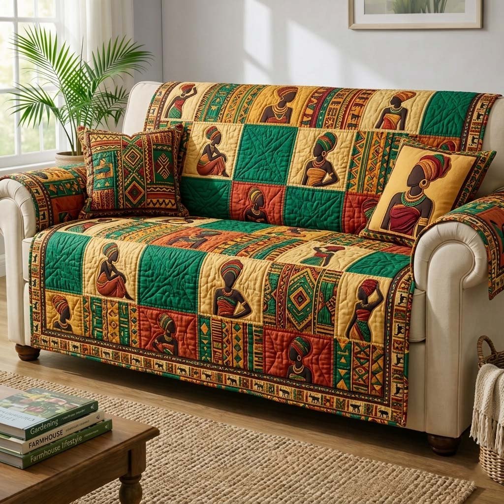 Women Silhouettes on Woven Kente Blocks Sofa Cover