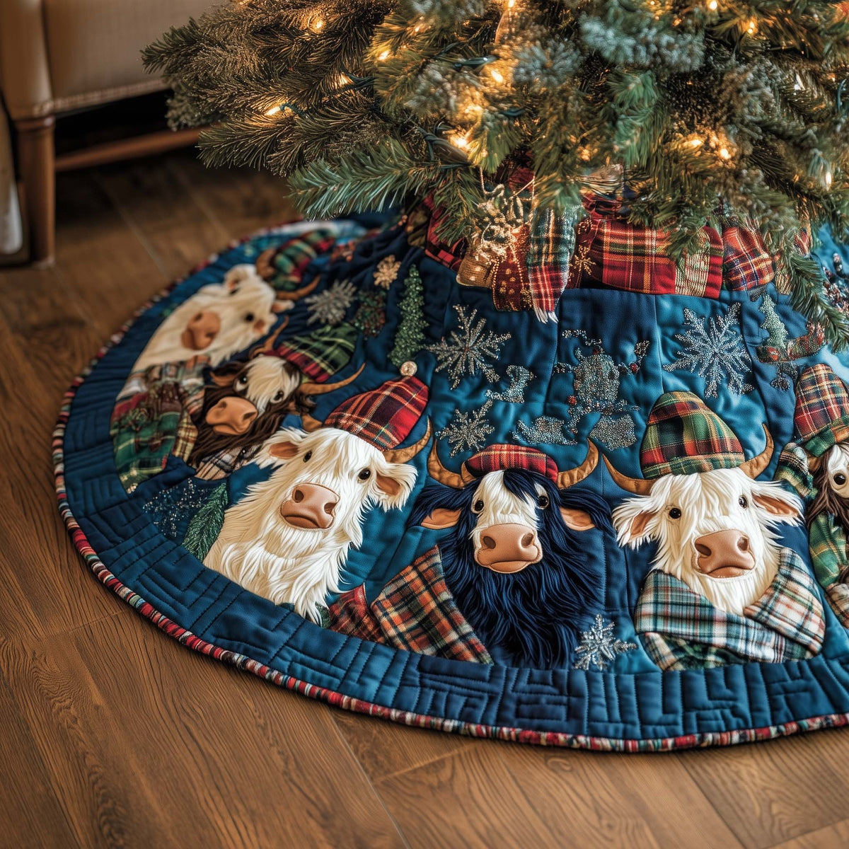Highland Cows on Blue Plaid Patchwork Christmas Tree Skirt