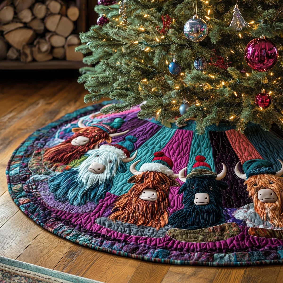 Highland Cows in Bright Scarves Christmas Tree Skirt
