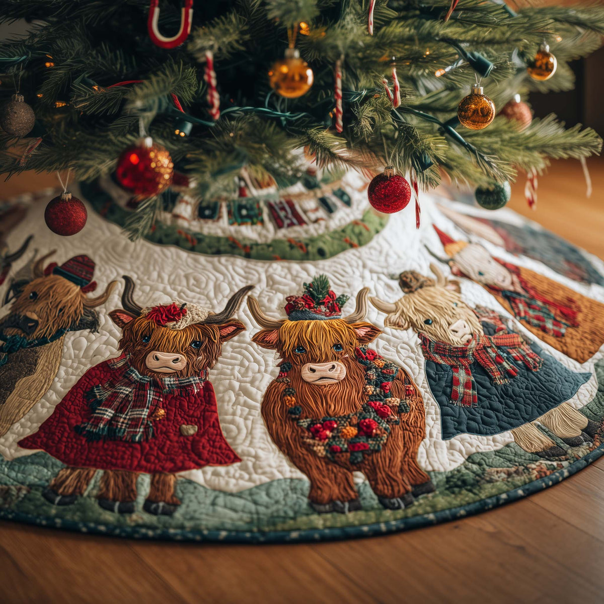 Highland Cows in Red Tartan Coats Christmas Tree Skirt