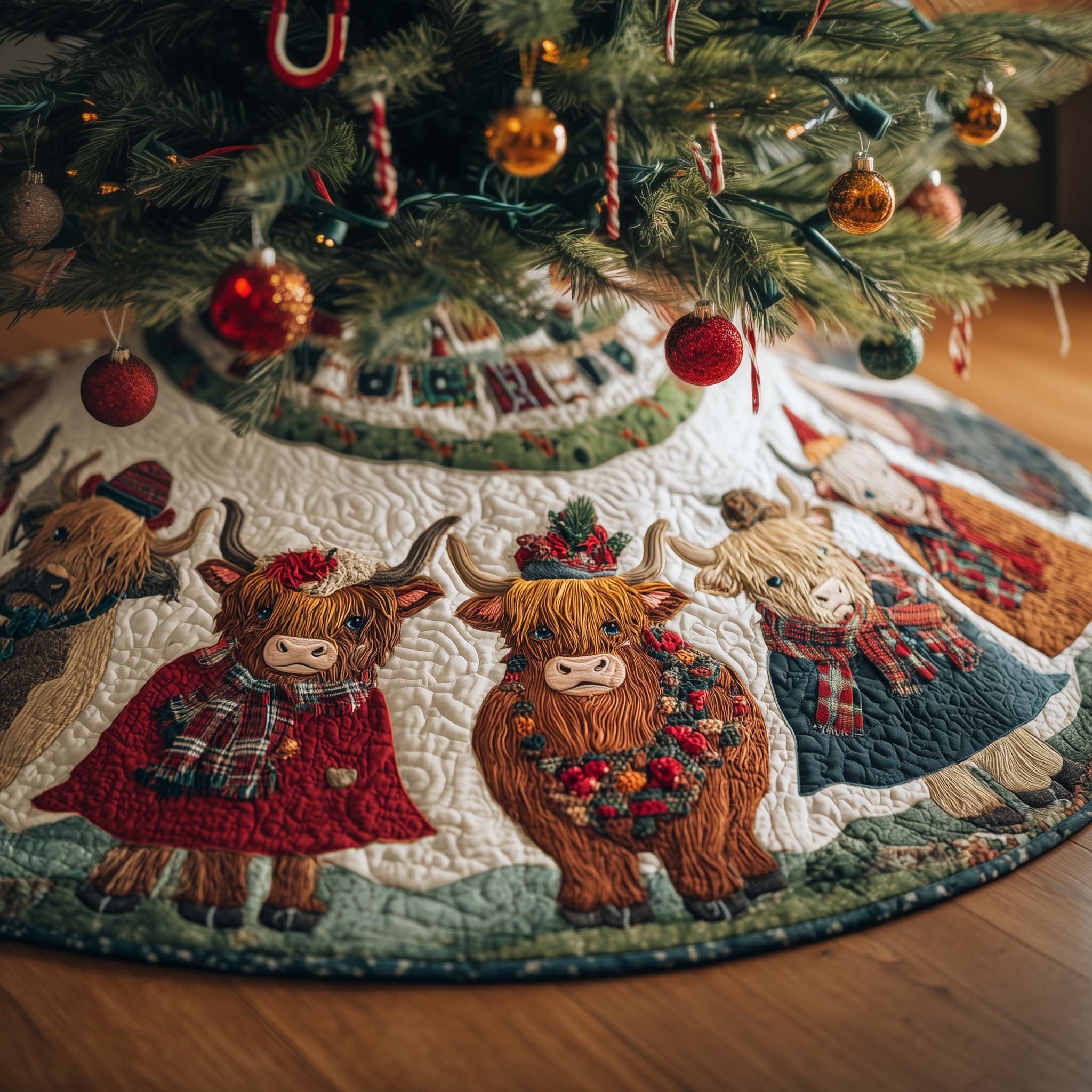Highland Cows in Red Tartan Coats Christmas Tree Skirt