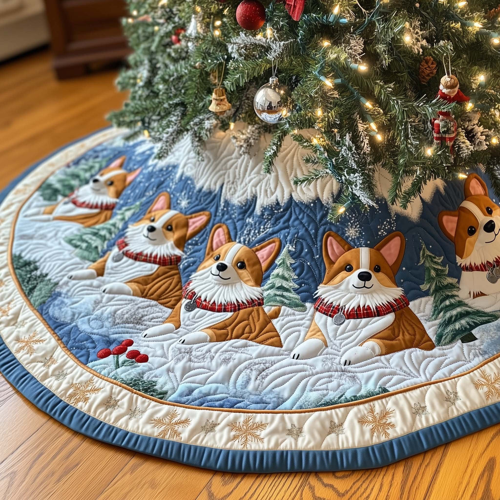 Corgis in Red Scarves on Snowy Blue Christmas Tree Skirt