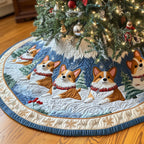 Corgis in Red Scarves on Snowy Blue Christmas Tree Skirt
