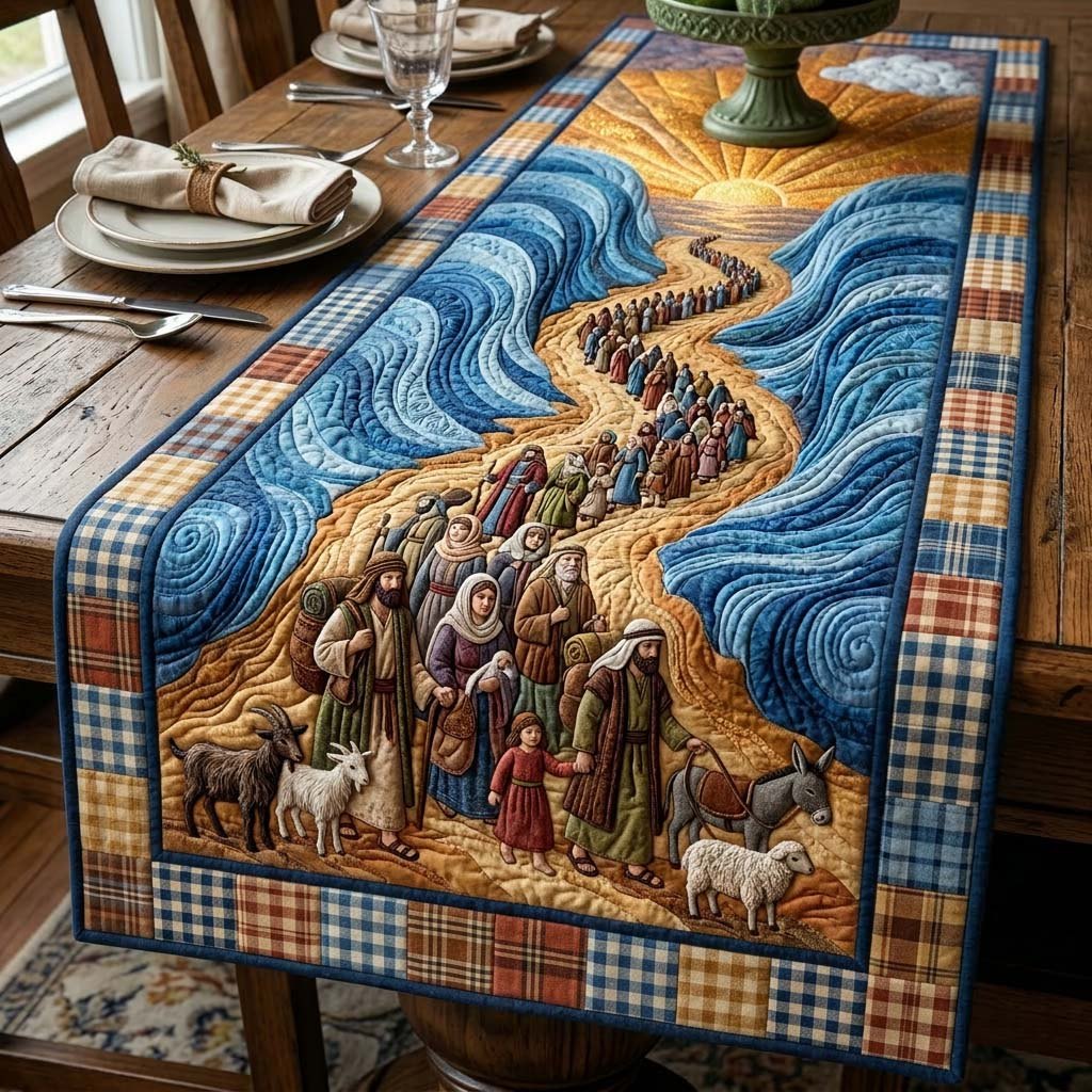 Crowd with Sheep on Winding Path Table Runner