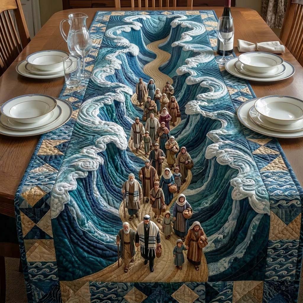 Crowd Walking on Checkered Blue Border Table Runner