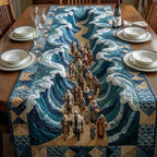 Crowd Walking on Checkered Blue Border Table Runner