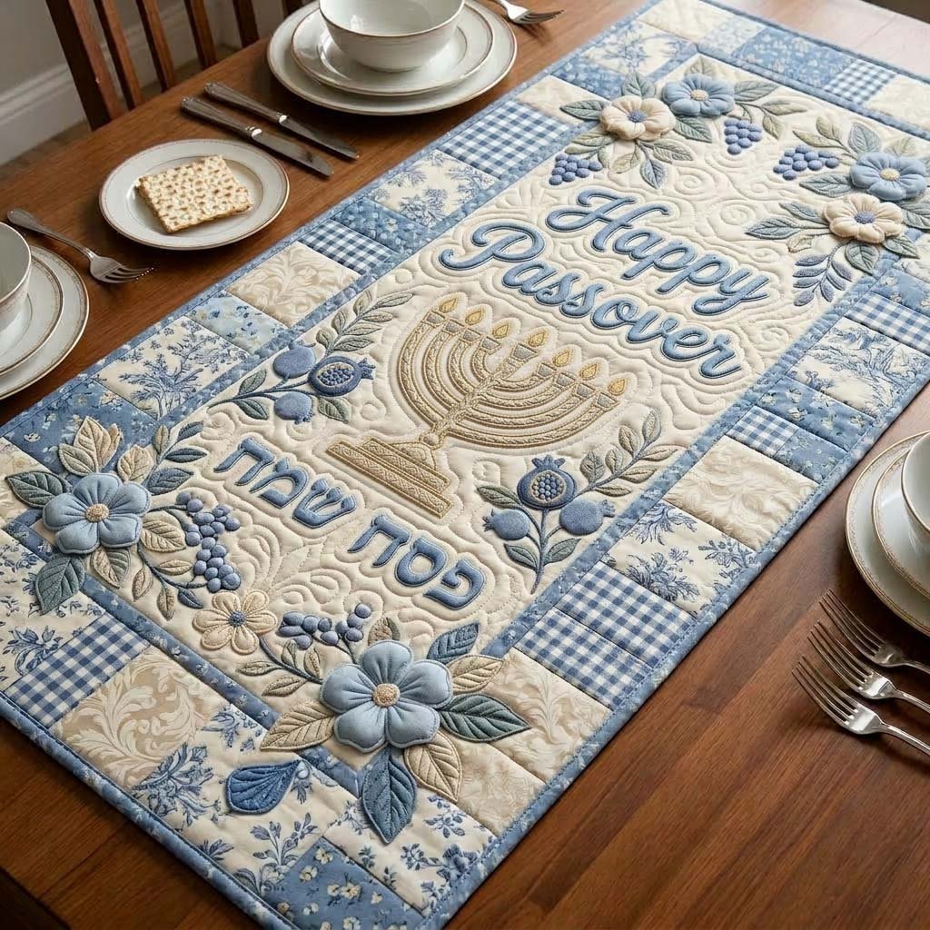Happy Passover with Blue Flowers Table Runner