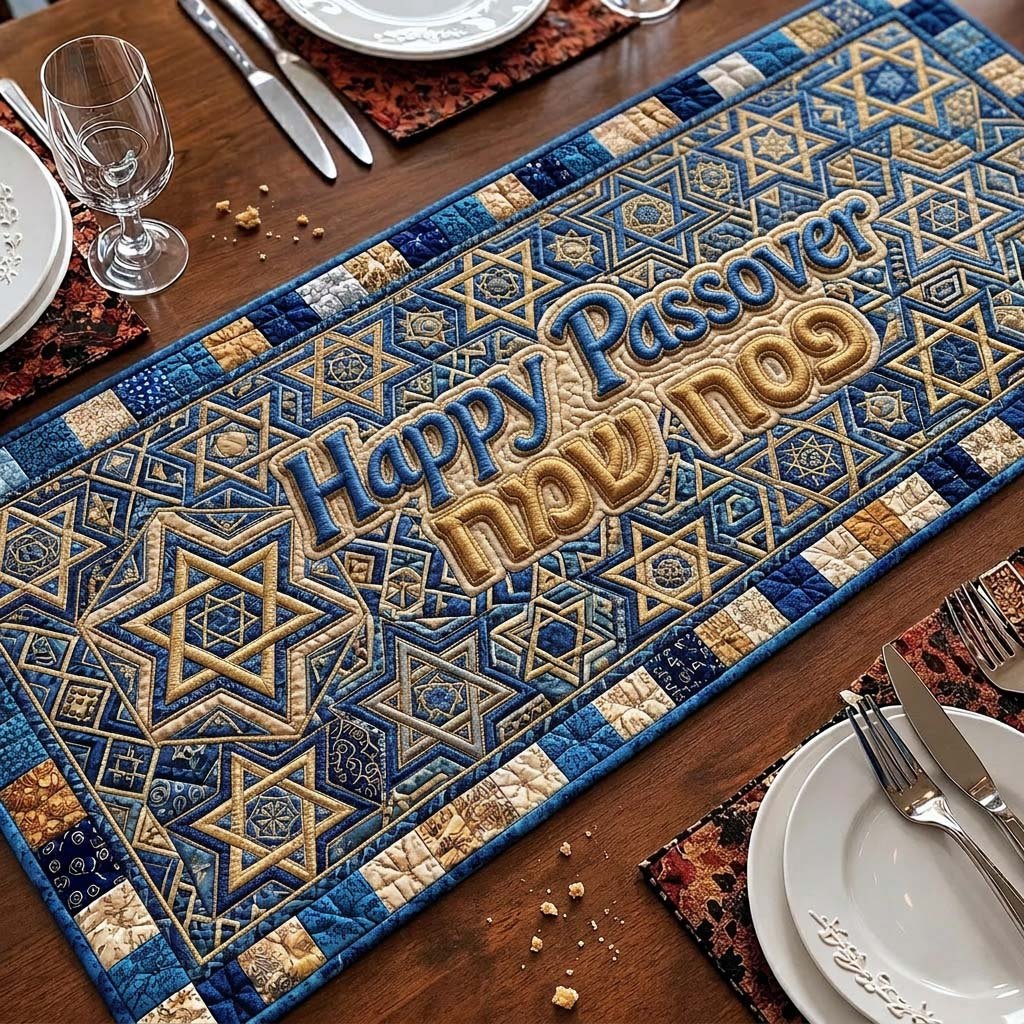 Happy Passover with Blue Stars Table Runner