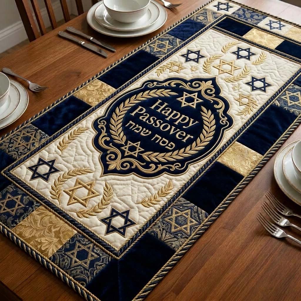Happy Passover Gold Frame on Navy Table Runner