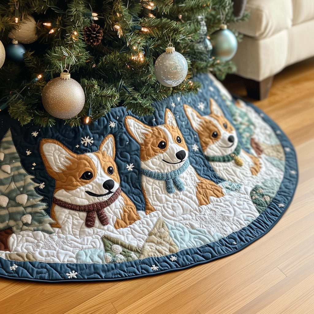 Corgis on Blue with Falling Snowflakes Christmas Tree Skirt