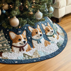 Corgis on Blue with Falling Snowflakes Christmas Tree Skirt