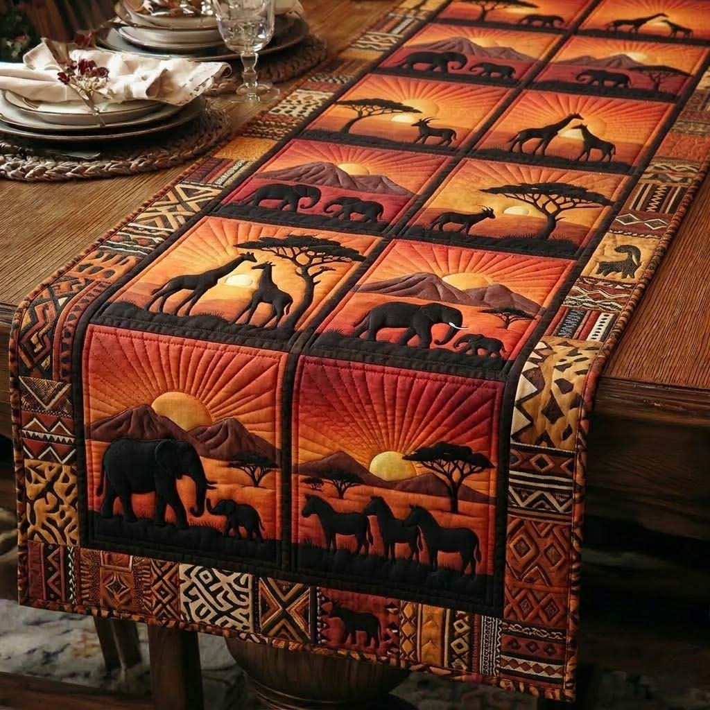 African Animal Scenes in Warm Blocks Table Runner