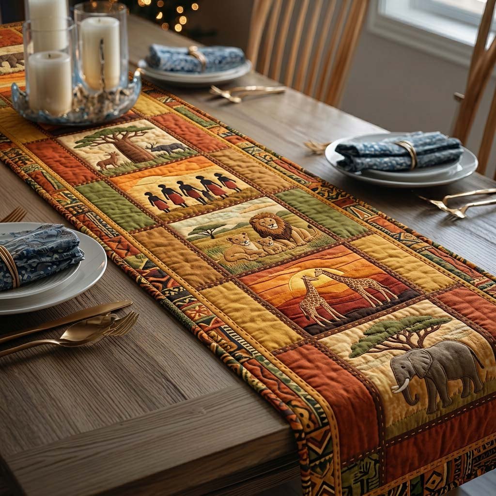 Warm Blocks with Savanna Animals Table Runner