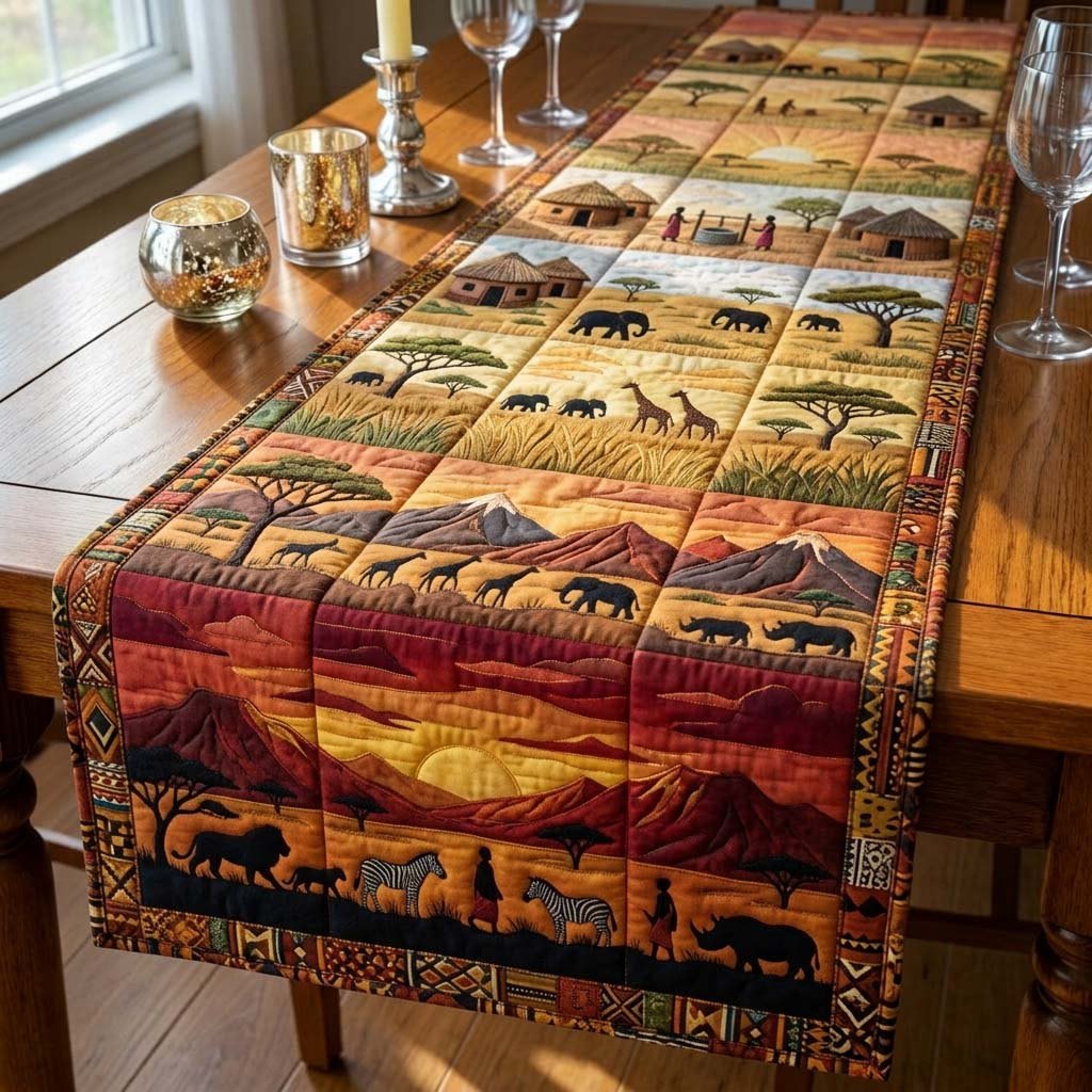 Savanna Landscape Blocks with Wildlife Table Runner