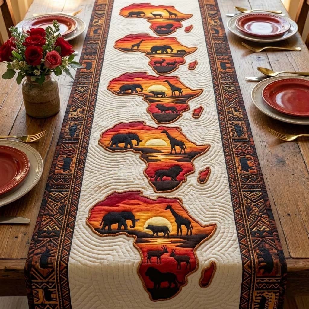 Africa Maps with Sunset Elephants Table Runner