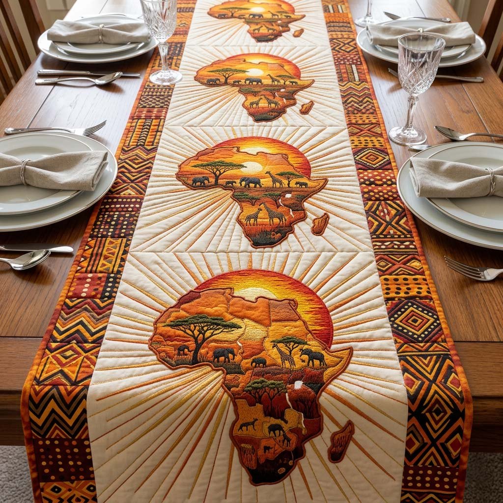 Africa Map with Wildlife Silhouettes Table Runner