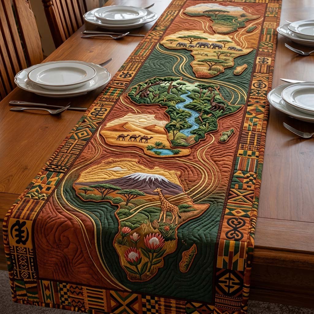 Africa Map with Green Landscape Table Runner