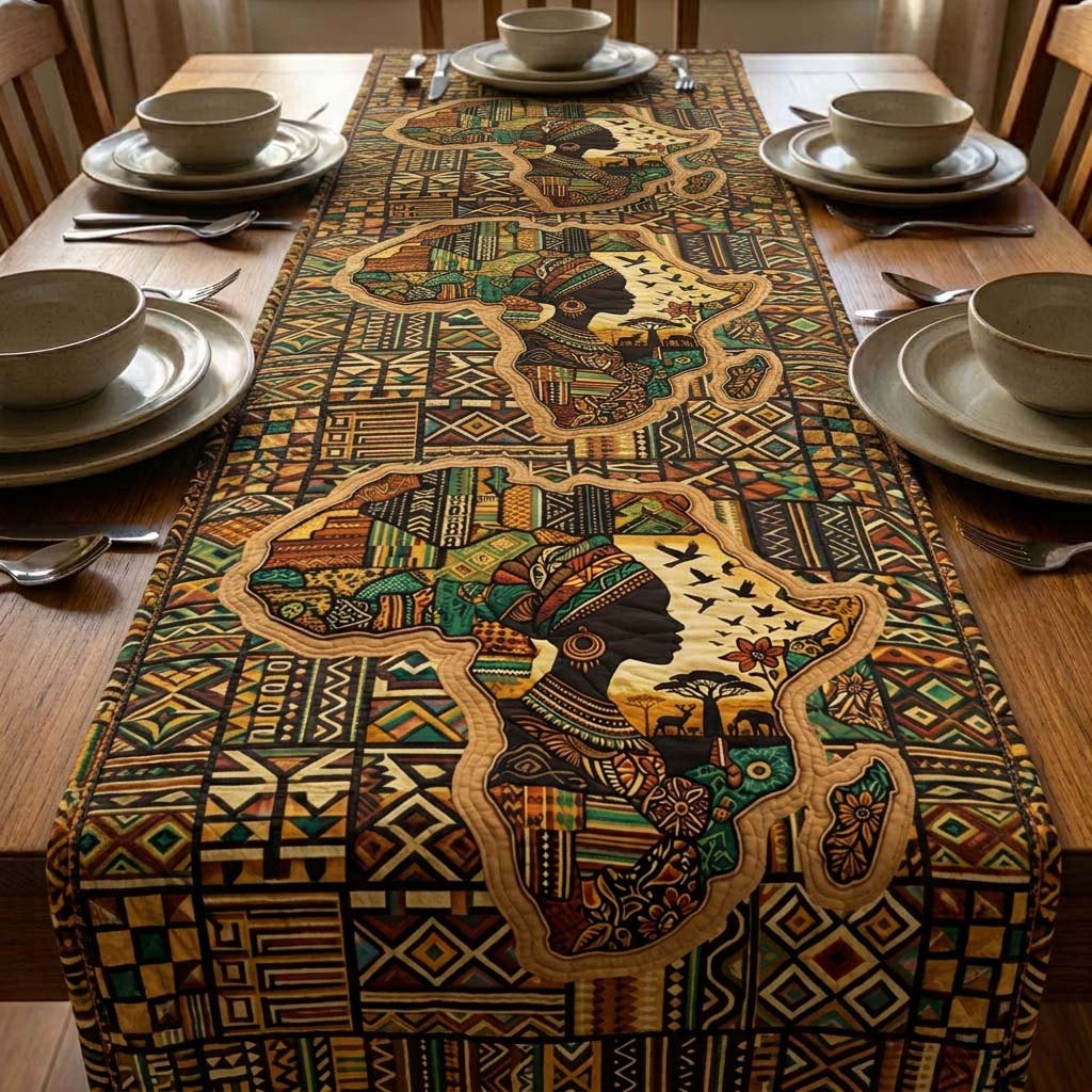 Africa Map with Tribal Patterns Table Runner