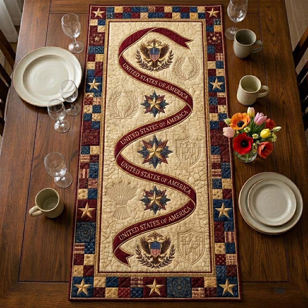 Red Ribbon Swirl with Star Blocks Table Runner