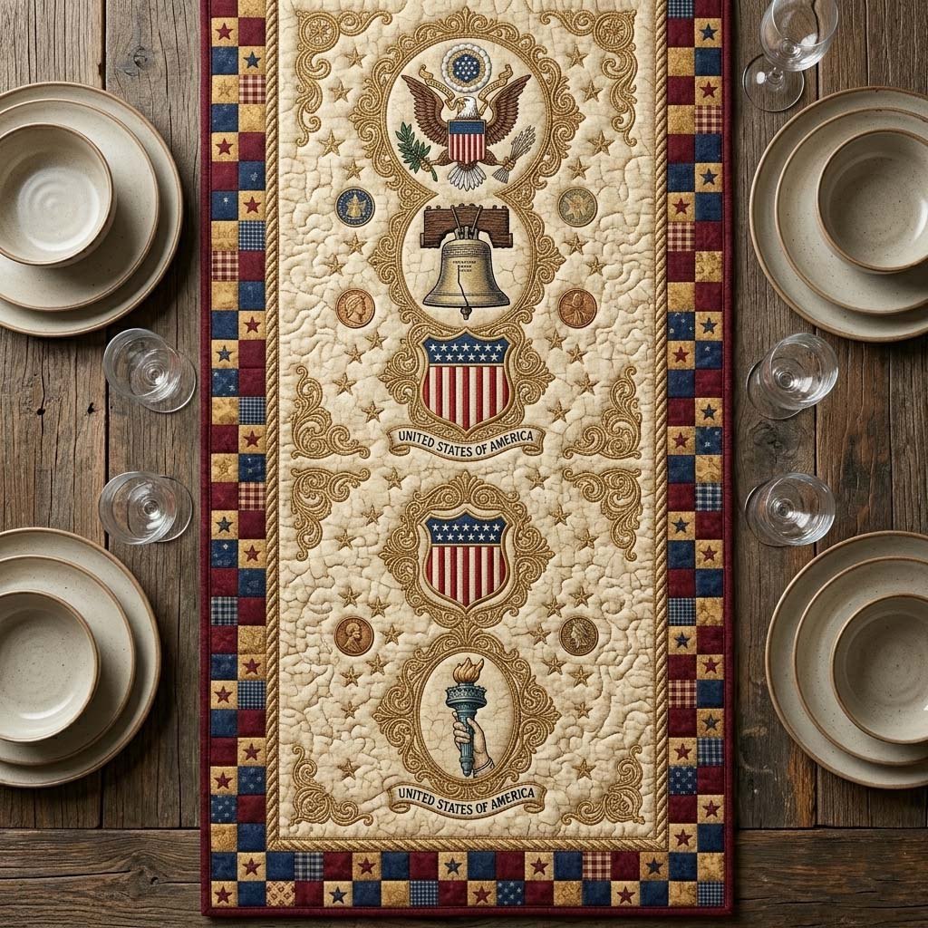 Cream Shield Emblems on Ivory Table Runner