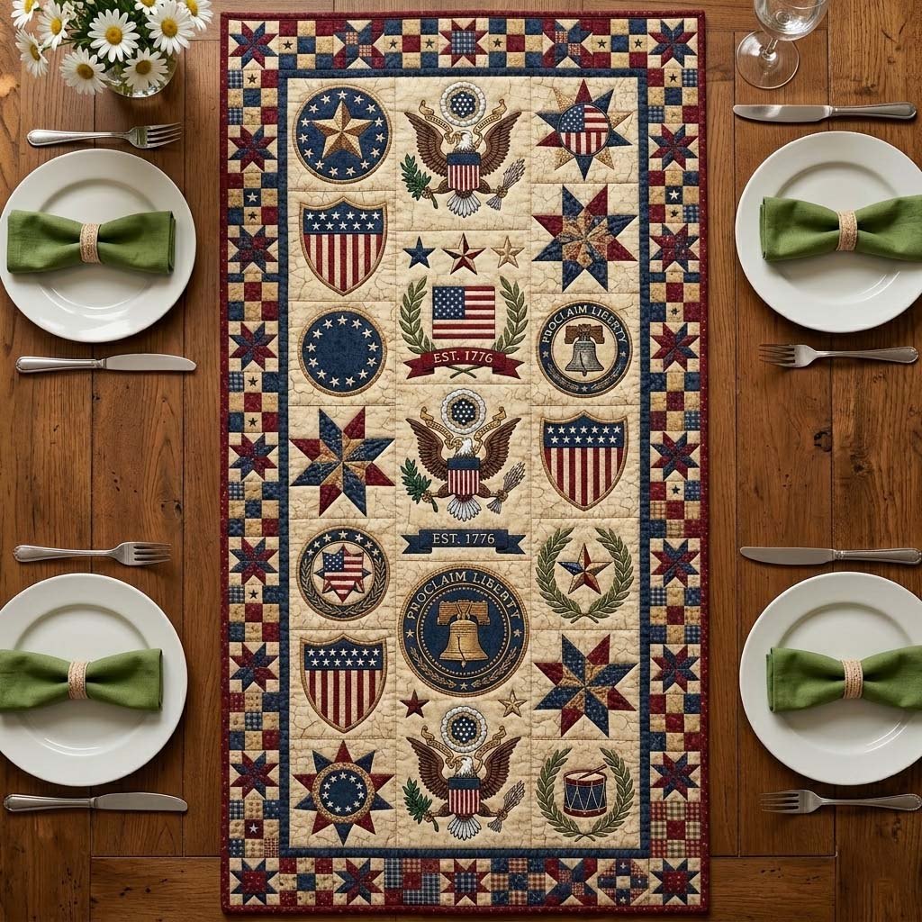 Patriotic Seals and Stars on Cream Table Runner