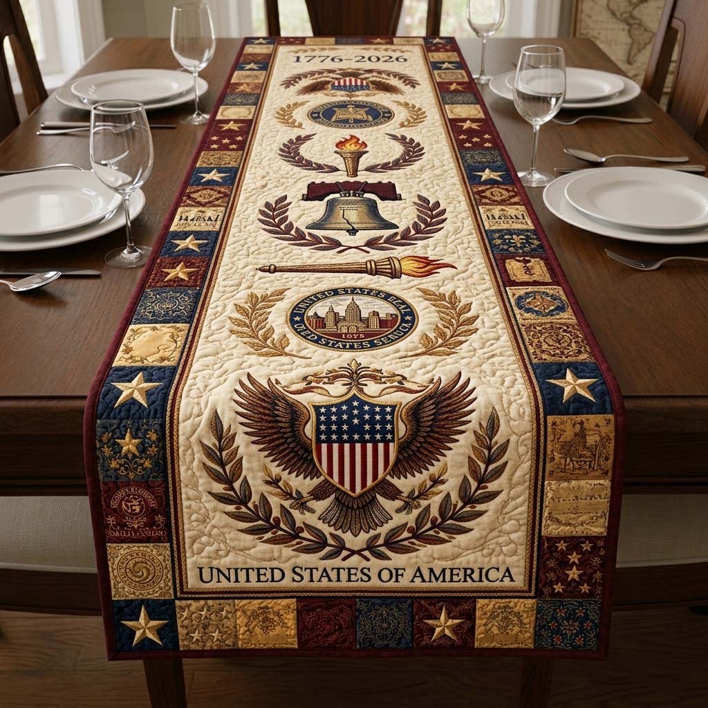 Eagle Shield with Torch and Stars Table Runner