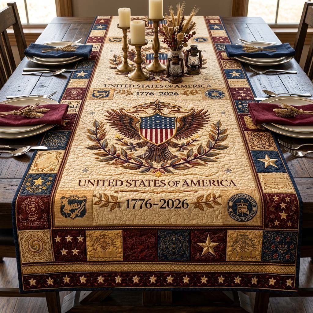 Eagle Crest with Red and Blue Blocks Table Runner