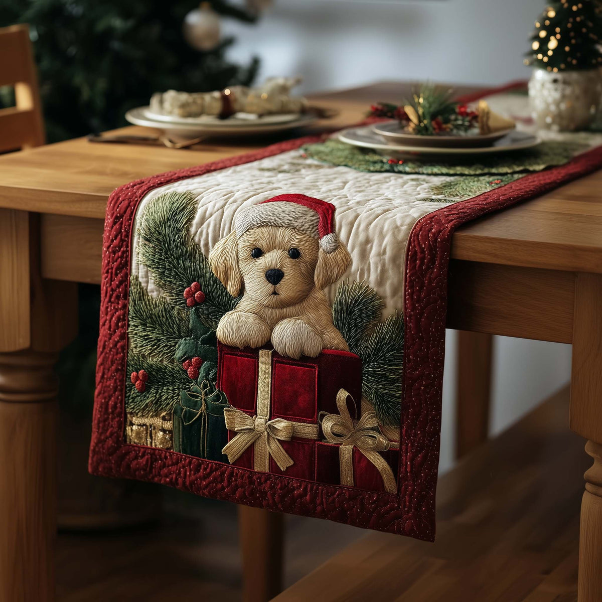 Puppy in Santa Hat in Gift Box Table Runner