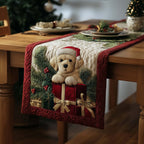 Puppy in Santa Hat in Gift Box Table Runner