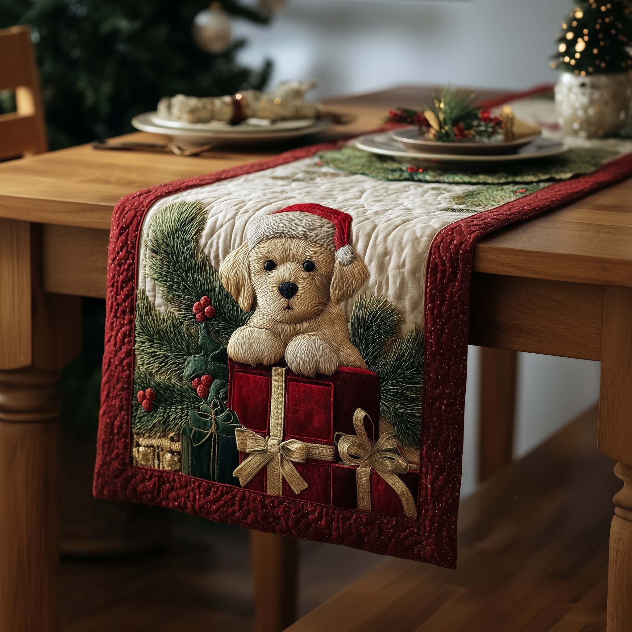 Puppy in Santa Hat in Gift Box Table Runner