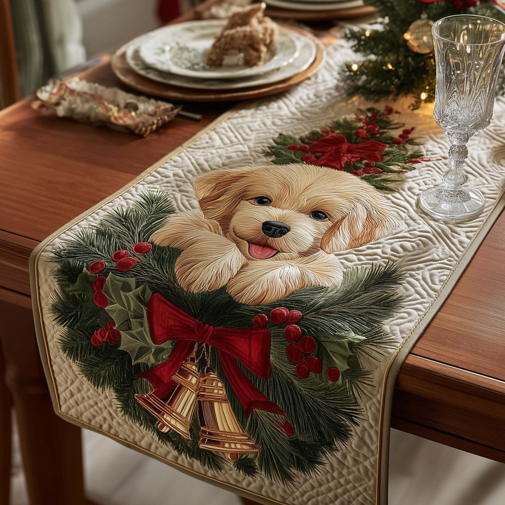 Puppy in a Wreath with Bells Table Runner