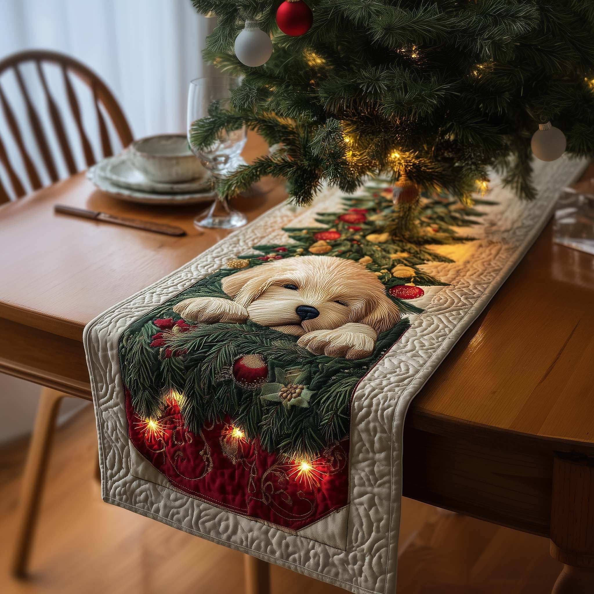 Puppy on Cream with String Lights Table Runner