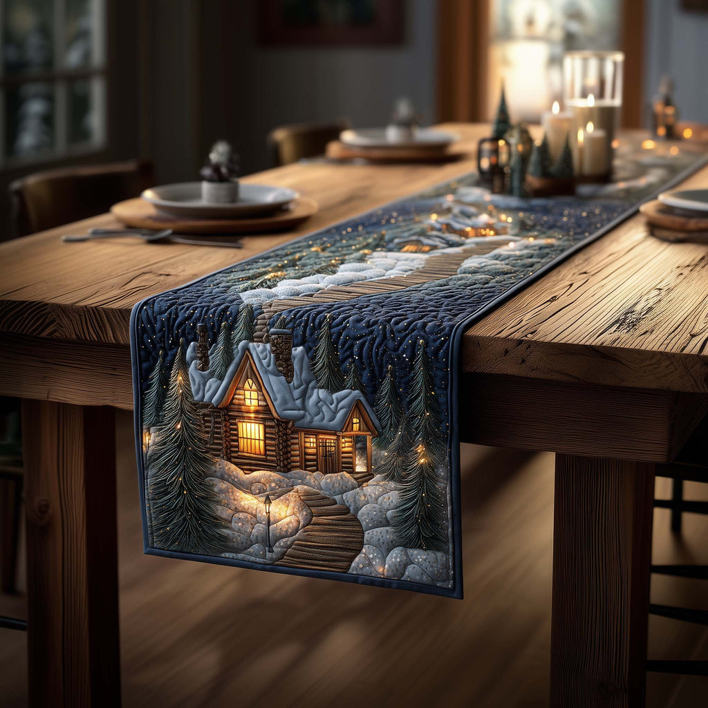 Blue Cottage in Snow at Night Table Runner
