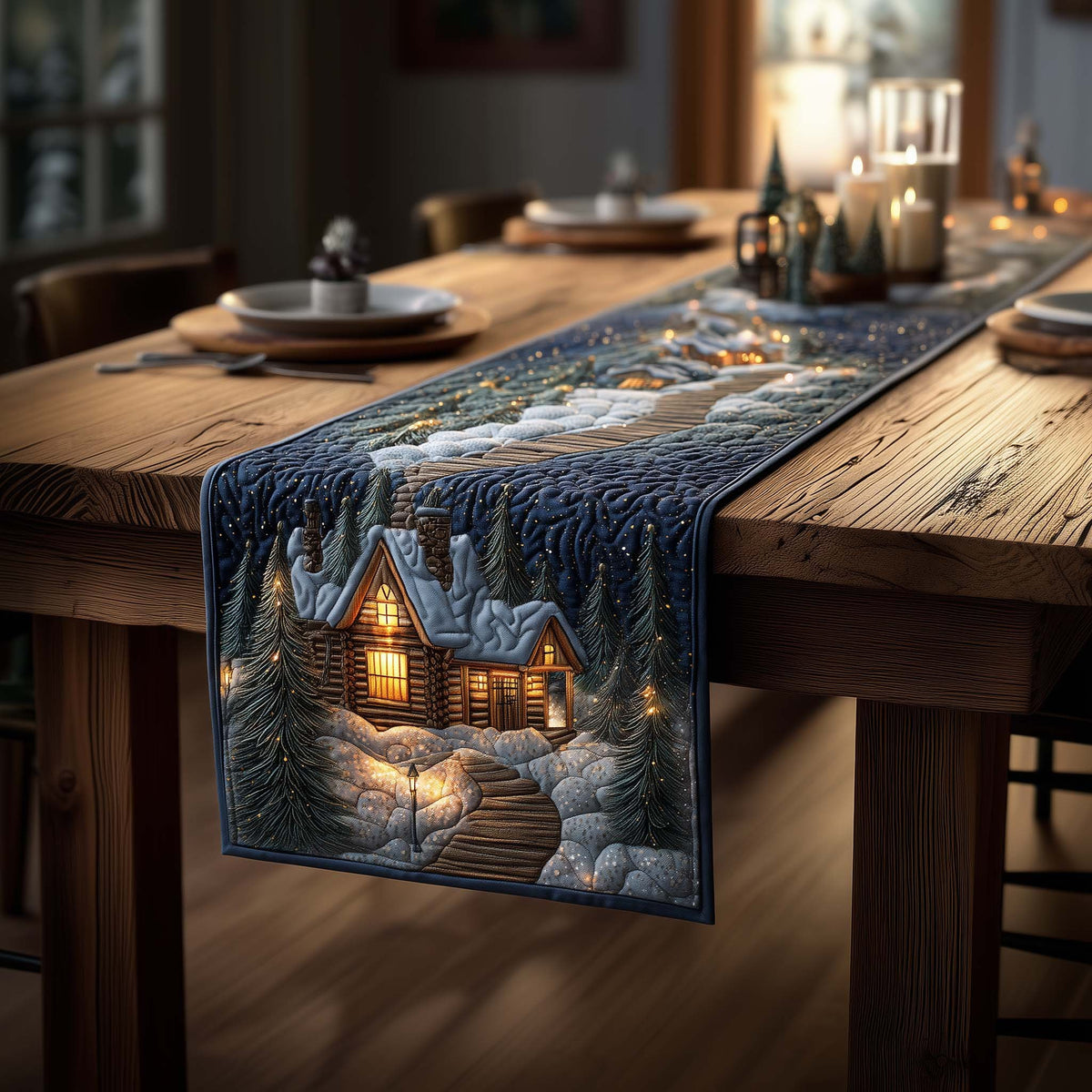 Blue Cottage in Snow at Night Table Runner