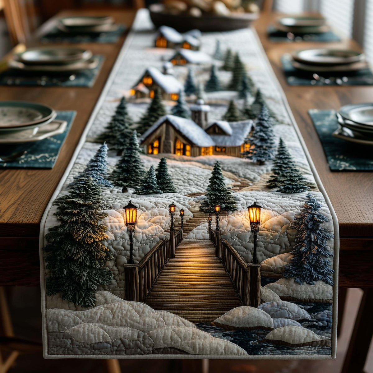 Lamplit Path to a Snowy Lodge Table Runner