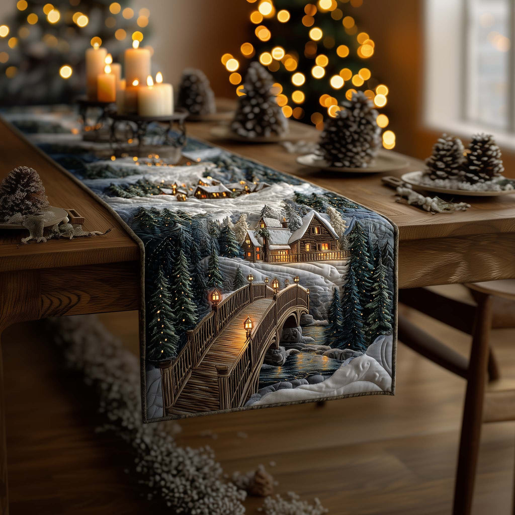 Stone Bridge in a Snowy Village Table Runner