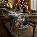 Stone Bridge in a Snowy Village Table Runner