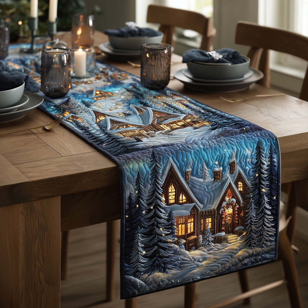 Blue Night Cabin Among Pines Table Runner
