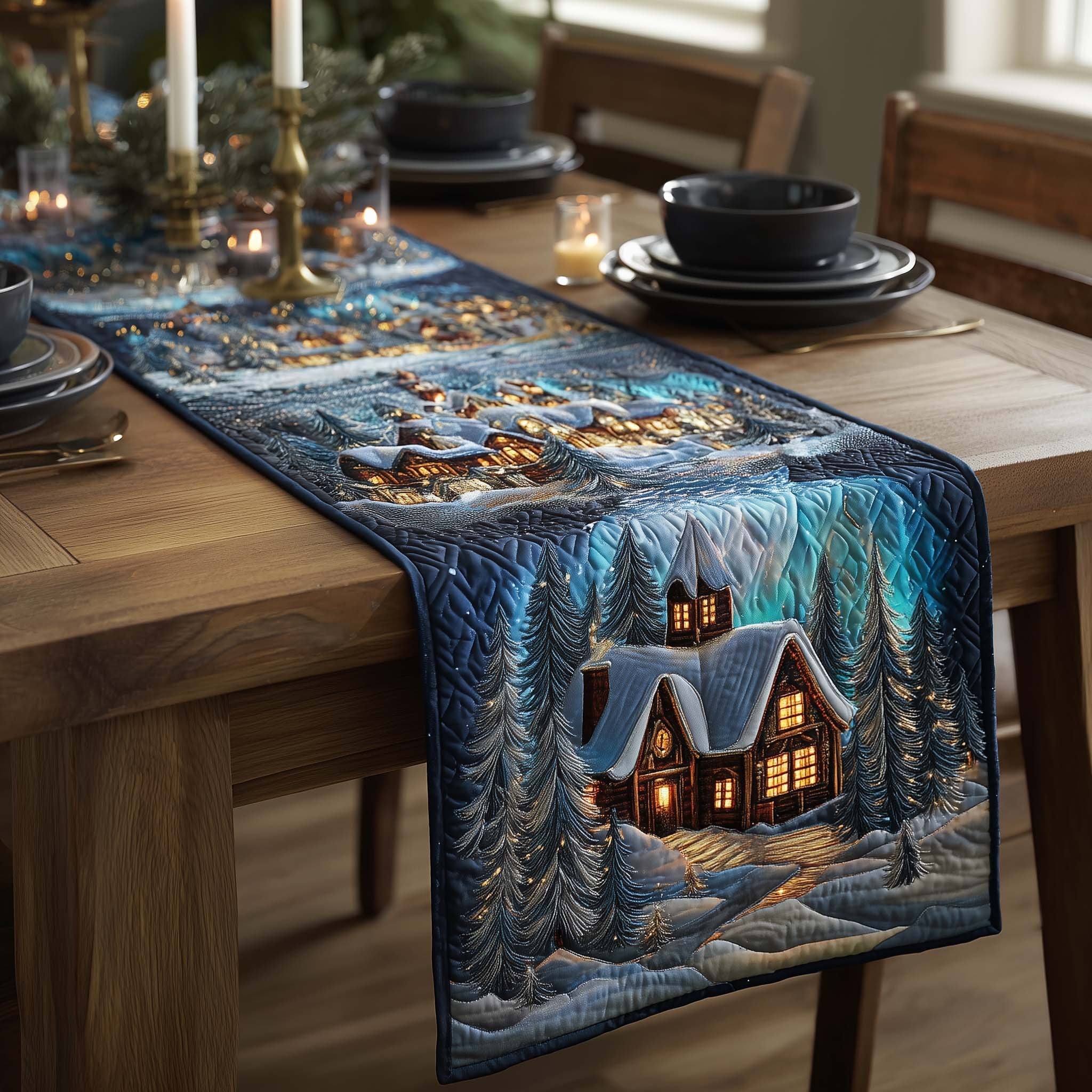 Snow Covered Cottage at Dusk Table Runner
