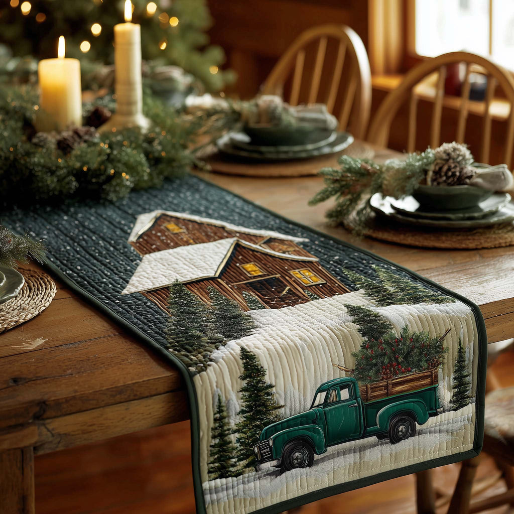 Green Truck at the Snowy Cabin Table Runner
