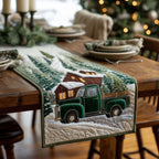 Green Truck Carrying a Christmas Tree Table Runner