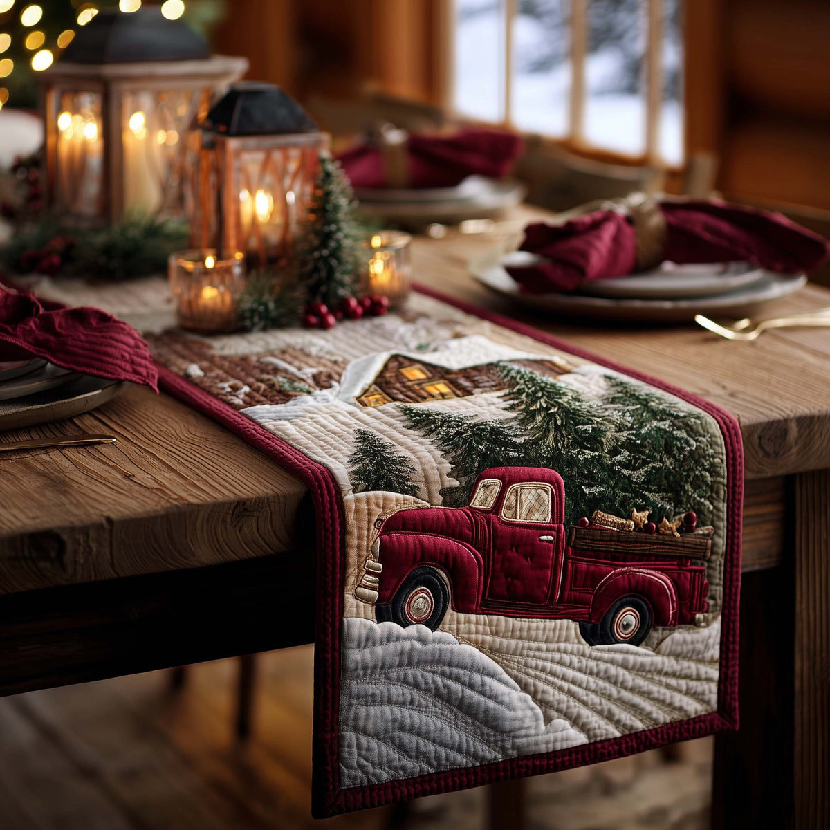 Red Truck on Snowy Road Table Runner