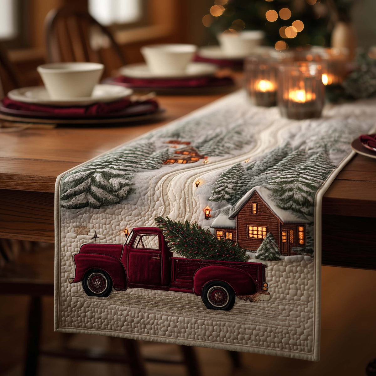 Red Truck Hauling a Tree Table Runner