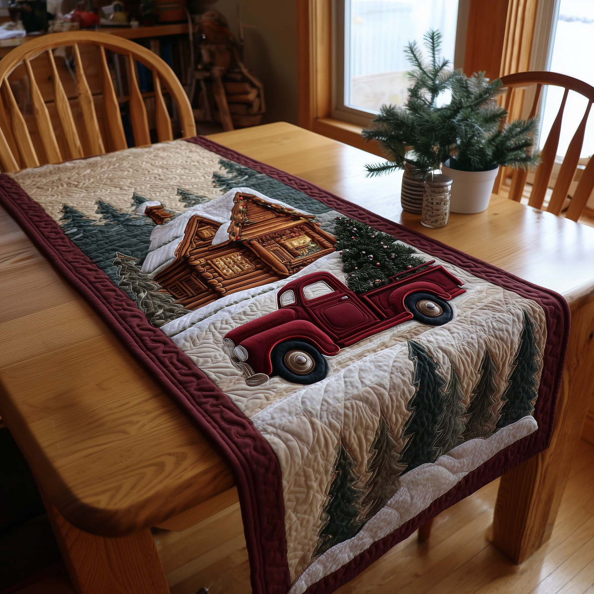 Red Truck with Wood Crate Table Runner