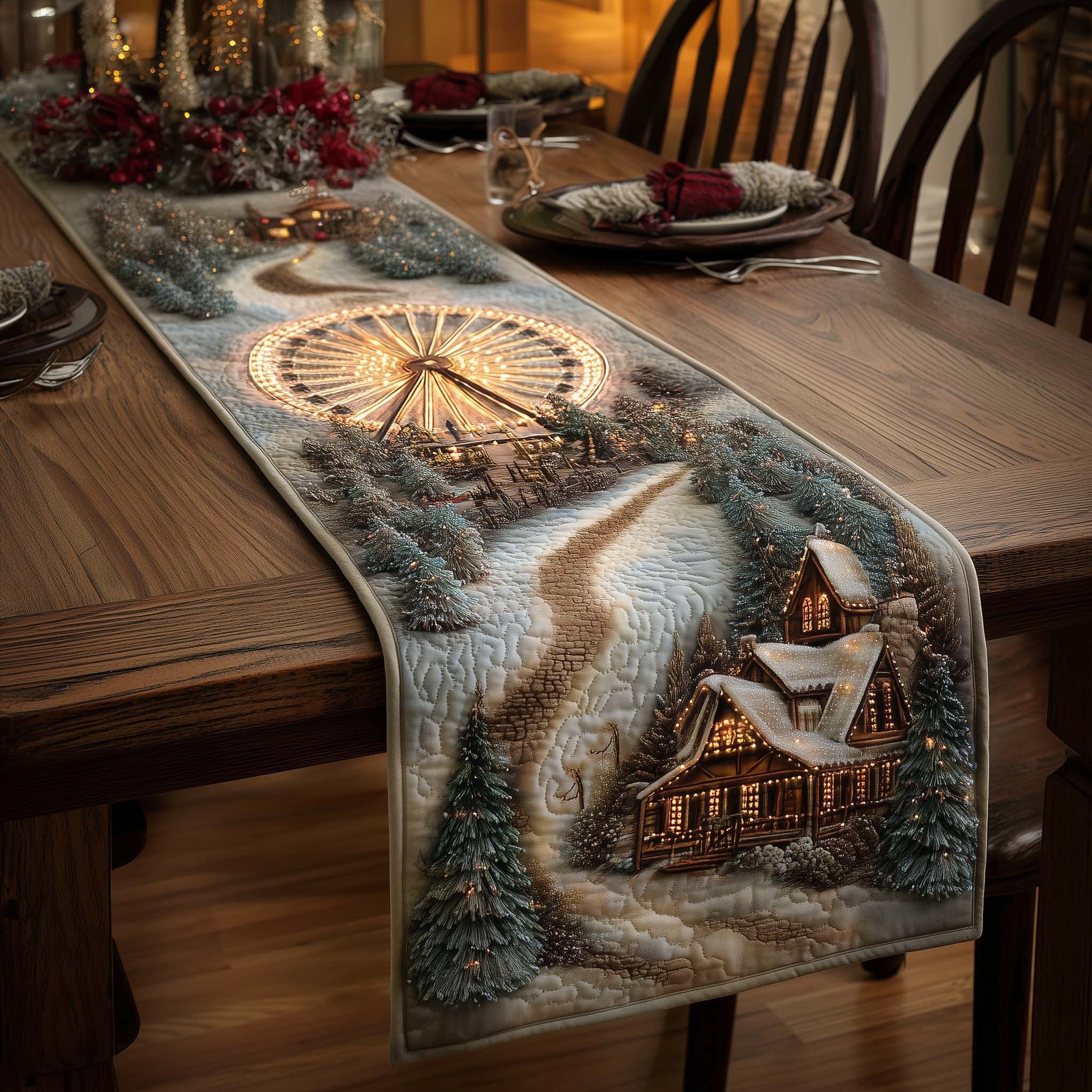 Winter Fairground with Ferris Wheel Table Runner