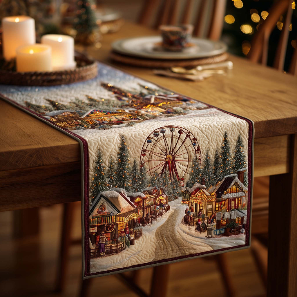 Snowy Village Fair with Ferris Wheel Table Runner